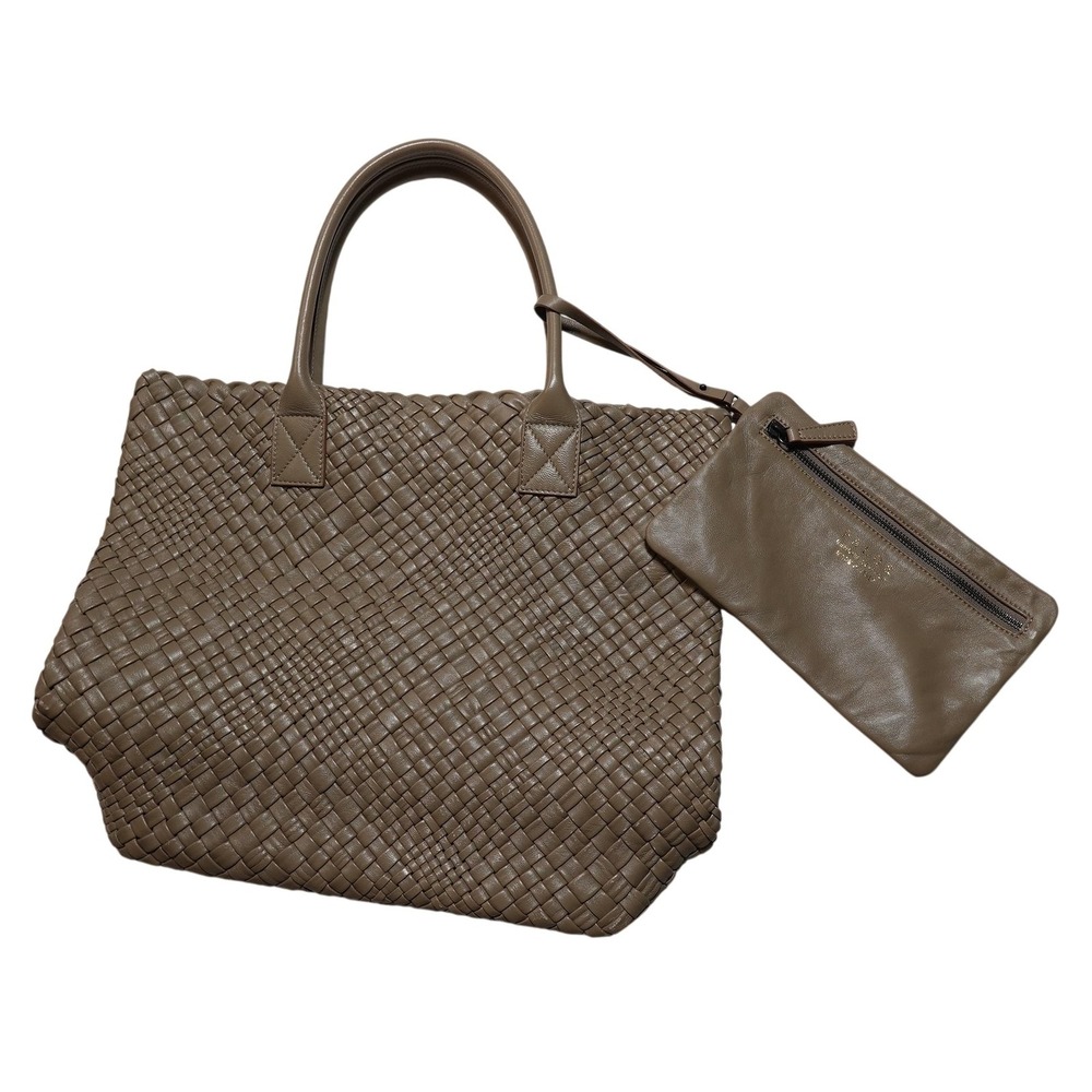Falor Tote Bag Womens Large Taupe Woven Leather Made In Italy Zip Pouch Lined